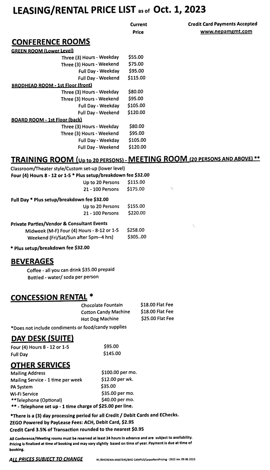 Meeting room rental pricing list